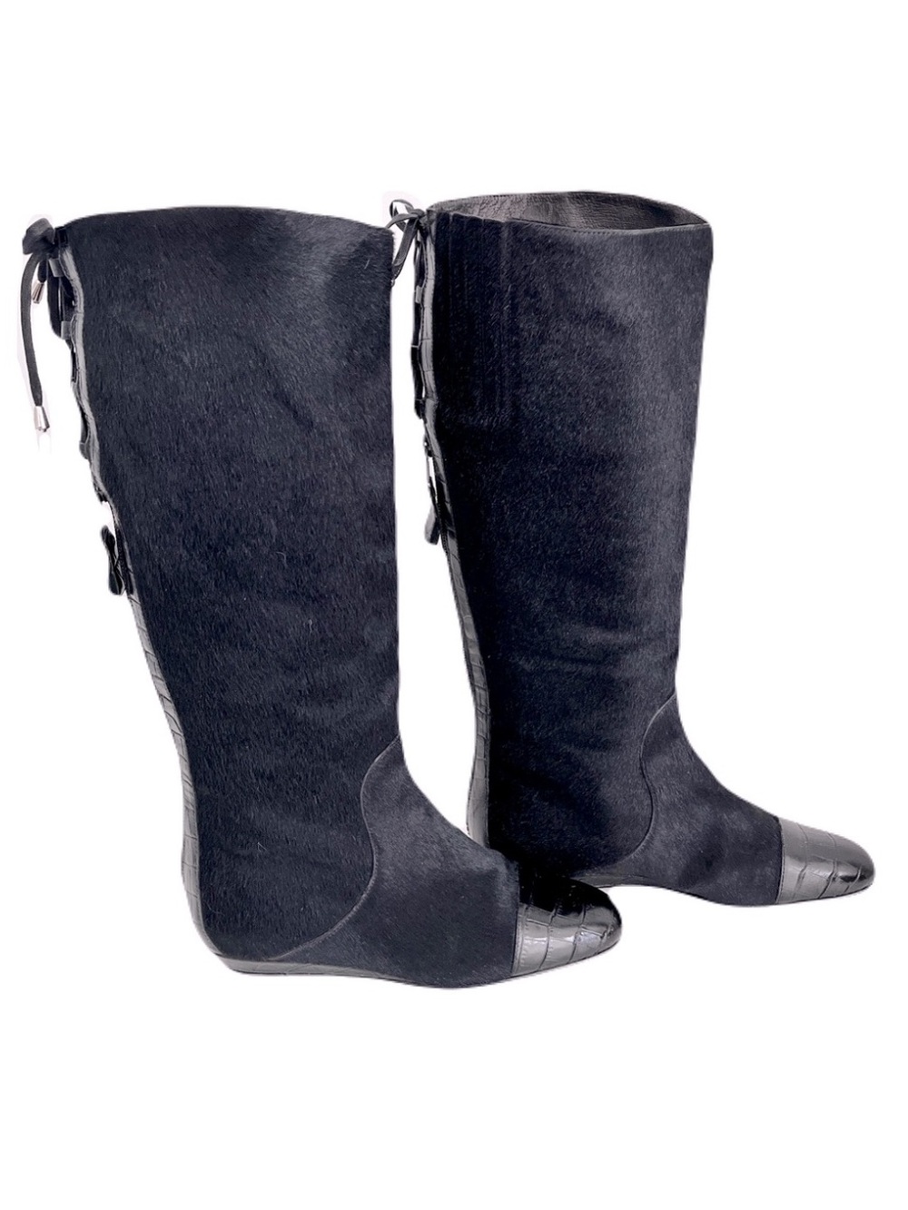 Migliorini Black Pony Hair Croc-Embossed Leather Corset-Back Boots, Size 7.5